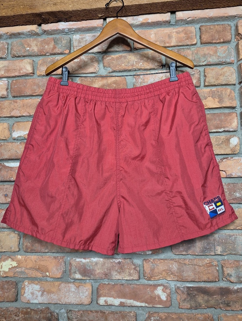 Vintage 90s Chaps Ralph Lauren Swim Trunks Red Nylon Logo XL Short Inseam - Picture 3 of 14